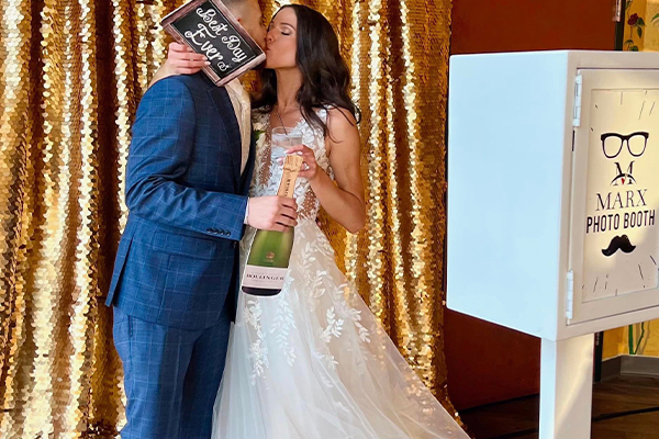 Guests using MARX entertainment photo booth at a Western Massachusetts wedding